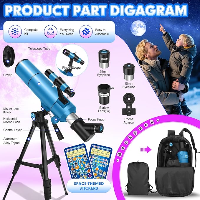 Telescope for Adults & Kids, 80mm Aperture 500mm (20X-150X) Professional Refractor Telescope for Astronomy Beginners, Portable Travel Telescopes with Tripod Phone Adapter, Stickers, Backpack