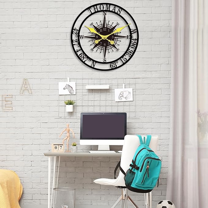 Personalized Metal Wall Clock Custom Compass Clock with Family Name and Coordinates Decorative Steel Wall Art for Living Room Bedroom Kitchen Housewarming Wedding Gift