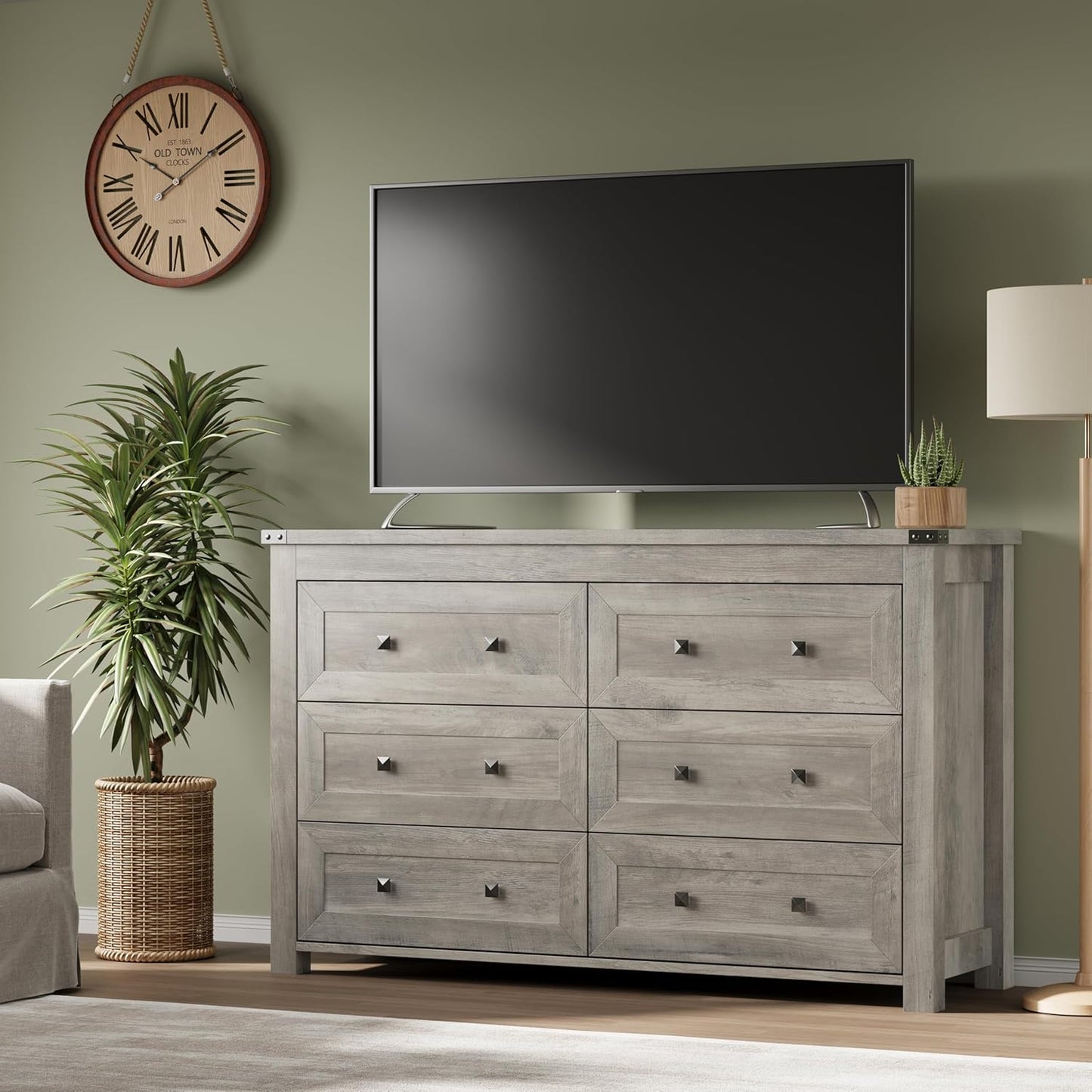 6-Drawer Dresser, Modern Wooden Storage Chest of Drawers, Dresser TV Stand, Wood Drawer Organizer with Metal Handles for Bedroom, Living Room, Hallway