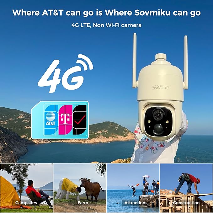 SOVMIKU C1 4G LTE Cellular Security Camera Wireless Outdoor, $14.9/Month for Unlimited Data, Easy to Setup, IP65 Waterproof, No Wi-Fi Surveillance Cam Two Way Audio, Color Night Vision, 32GB Included