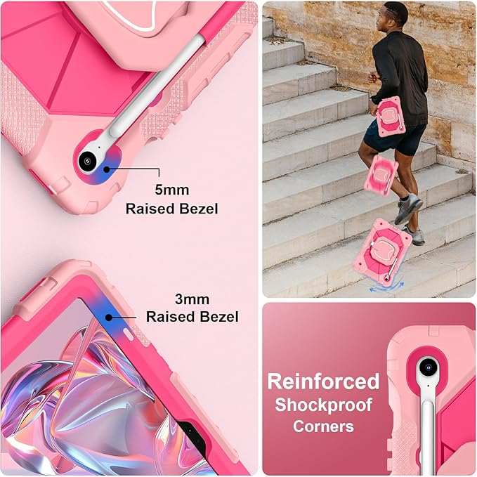 Case for Samsung Galaxy Tab S10 Lite/S10 FE/S9 FE 10.9 Inch, Samsung Tab S9 11 Inch, Rugged Galaxy S10 Tablet Cover with Pen Holder 360 Rotating Stand Shoulder Strap Screen Protector, Rosegold