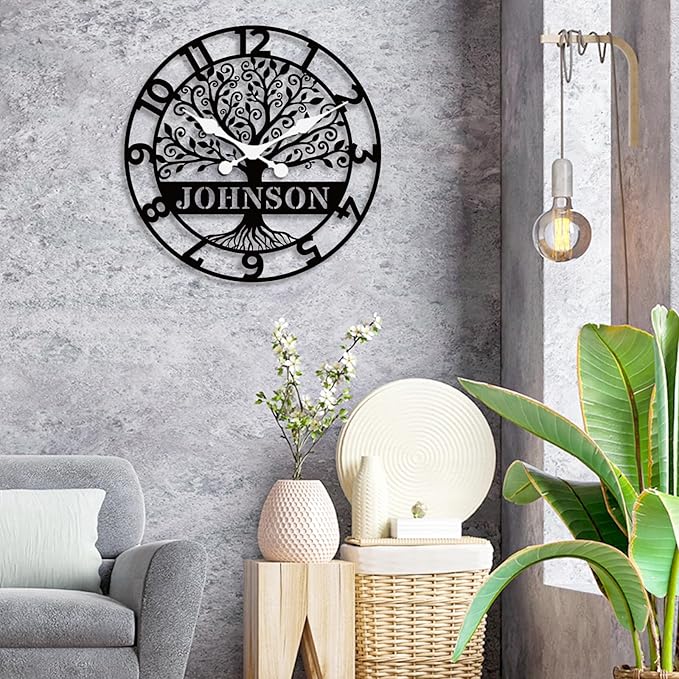 Personalized Metal Wall Clock with Tree of Life Design, Custom Family Name Clock, Decorative Steel Wall Art, Housewarming Gift, Living Room Bedroom Kitchen Home Decor