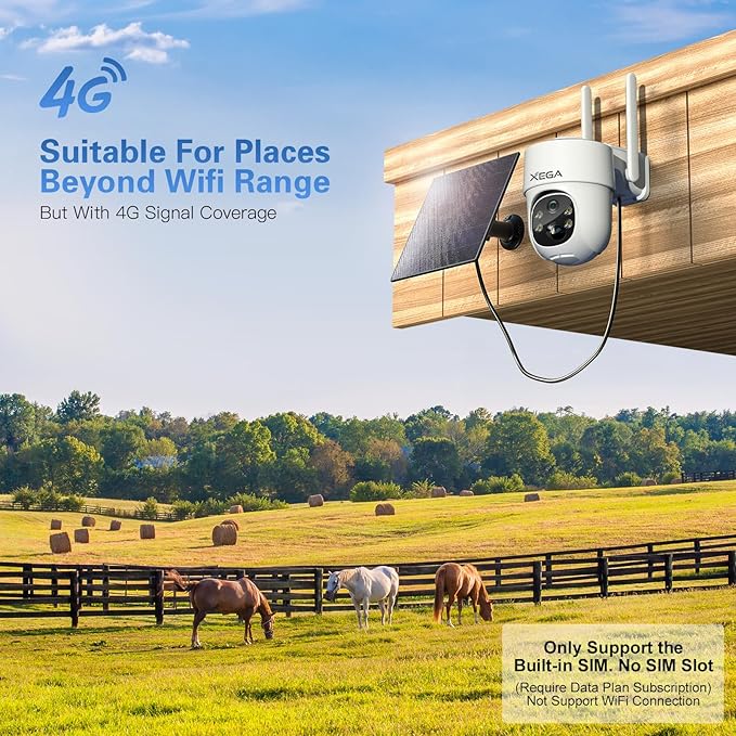 Xega 4G LTE Cellular Security Camera Solar with SIM Card,Wireless Outdoor No WiFi Security Camera,2K HD PTZ Night Vision Motion Detection 2 Way Talk TF&Cloud Storage,Only Support the Built-in SIM Card