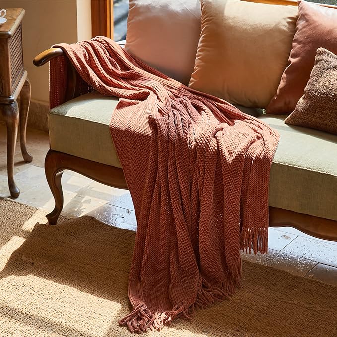 lifein Throw Blanket for Couch, Soft Boho Bed Throw,Cozy Burnt Orange Chenille Knitted Small Spring Lightweight Throw for Spring(Rust,50 * 60")