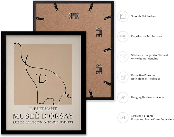 Poster Master Vintage Poster - Retro Minimalist Print - Gift for Artist, Housewarming - Elephant, Line Drawing, Sketch, Abstract - Wall Decor for Living Room, Bedroom, 11x14 Black Framed