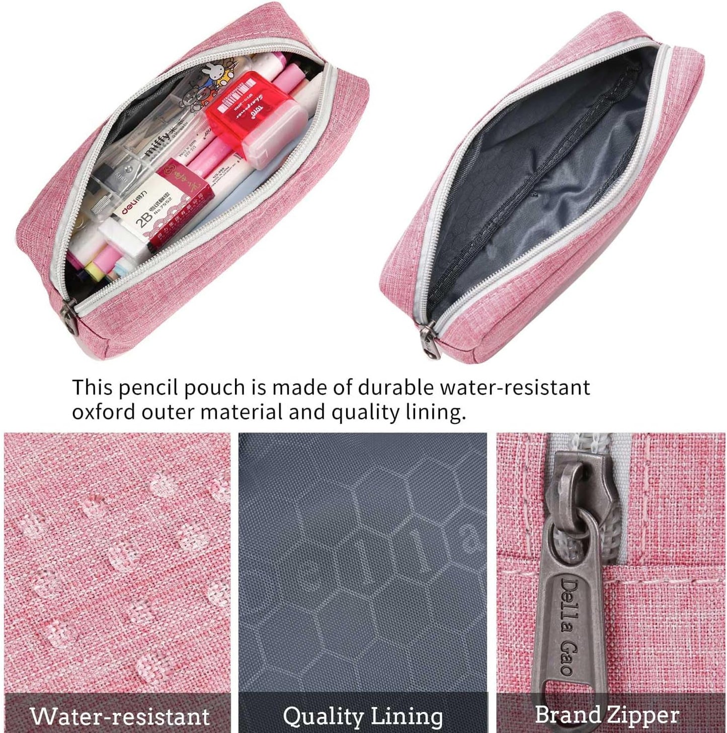 Della Gao Small Pencil Case Large Capacity Pencil Pouch Marker Pen Bag Coin Pouch Office Stationery Organizer (Pink)