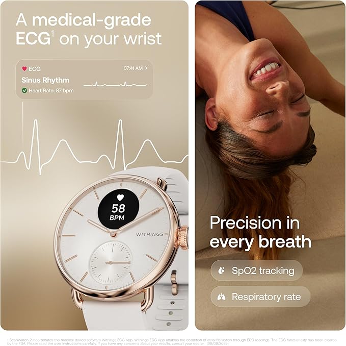WITHINGS ScanWatch 2 - Hybrid Smart Watch, Heart Rate Monitoring, Fitness Tracker, Cycle Tracker, Sleep Monitoring, GPS Tracker, 30-Day Battery Life, Android & Apple Compatible, HSA/FSA