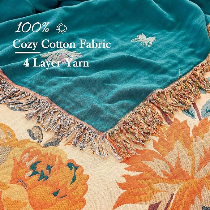 Boho Throw Blanket for Bed, 100% Cotton Soft Rustic Quilt Fall Blanket, 90"x98" Floral Printed Farmhouse Decor Bed Blankets, All Season Rustic Reversible Bohemian Throw Quilt