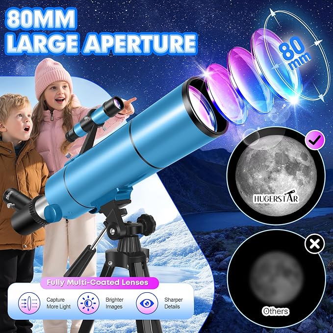 Telescope for Adults & Kids, 80mm Aperture 500mm (20X-150X) Professional Refractor Telescope for Astronomy Beginners, Portable Travel Telescopes with Tripod Phone Adapter, Stickers, Backpack