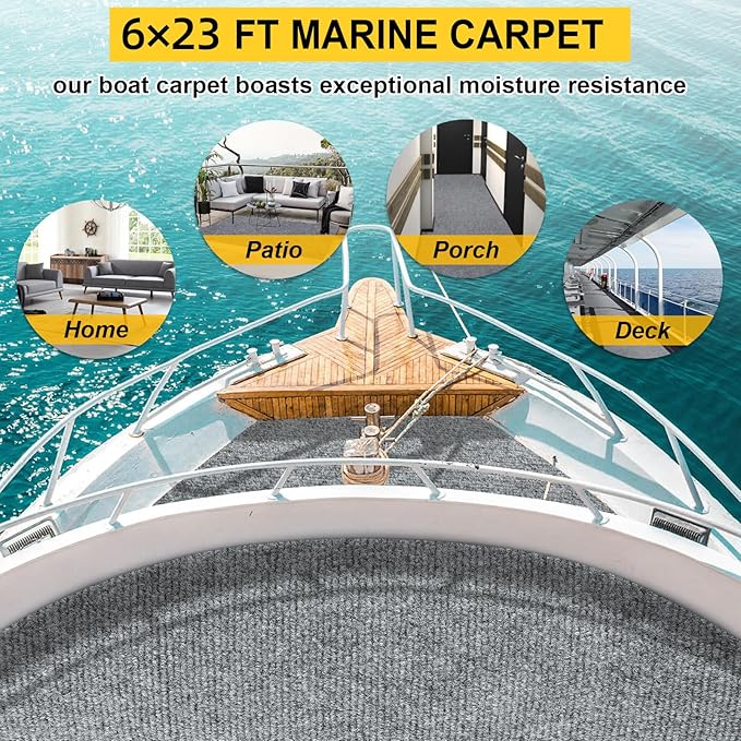 Marine Carpet,6 FT x 23 FT Smoke Gray Indoor Outdoor Carpet 0.2" Thick Boat Carpet with Water-Proof TPE Backing, Non-Slide Outdoor Marine Carpet Roll for Home, Patio, Porch, Deck
