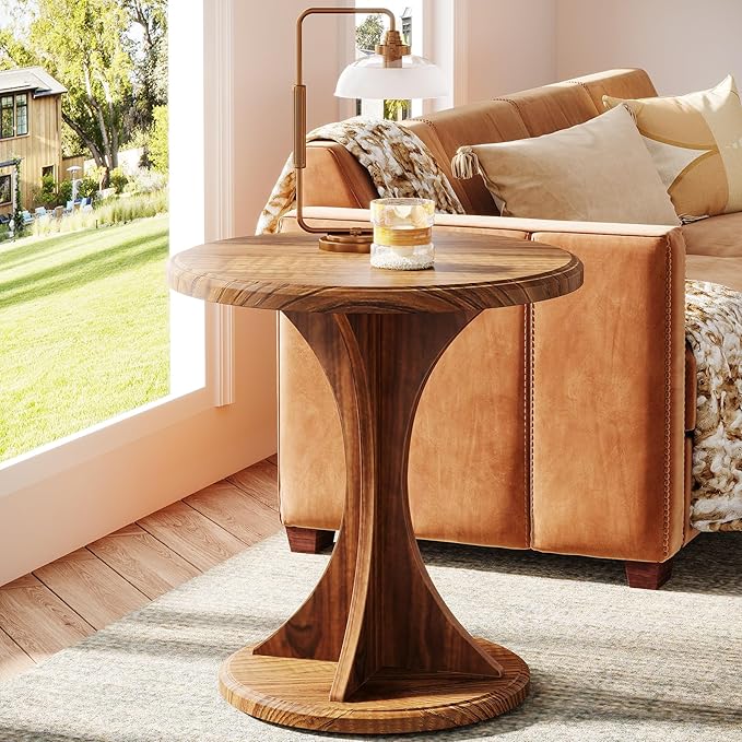 Tribesigns Round End Side Table: Wood Small Sofa Chair Side Table for Living Room, Mid-Century Bedside Nightstand for Bedroom, Accent Table, Easy Assembly, Vintage Brown