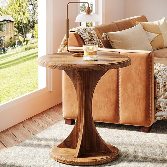Tribesigns Round End Side Table: Wood Small Sofa Chair Side Table for Living Room, Mid-Century Bedside Nightstand for Bedroom, Accent Table, Easy Assembly, Vintage Brown