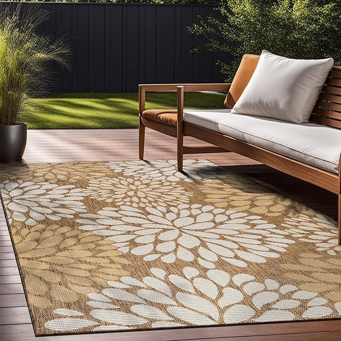Beverly Rug Outdoor Rug 6x9 Modern Exotic Tropical Leaf Area Rugs for Indoor and Outdoor Patio Deck Porch Garden Water Resistant Washable Outside Carpet (6 x 9 Wooden)