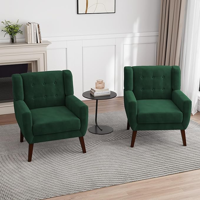 UIXE Accent Chair, Velvet Upholstered Armchair for Living Room, Modern Club Arm Chairs Comfy Single Sofa Button Tufted Bedroom Reading Seat - Retro Green, Set of 4