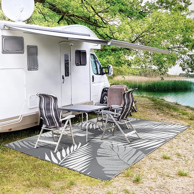 GENIMO Outdoor Rug 9' x 12' Waterproof for Patios Clearance, Reversible Plastic Straw Camping Carpet, Large Area Rugs Mats RV, Picnic, Backyard, Deck, Balcony, Porch, Beach, Grey&White