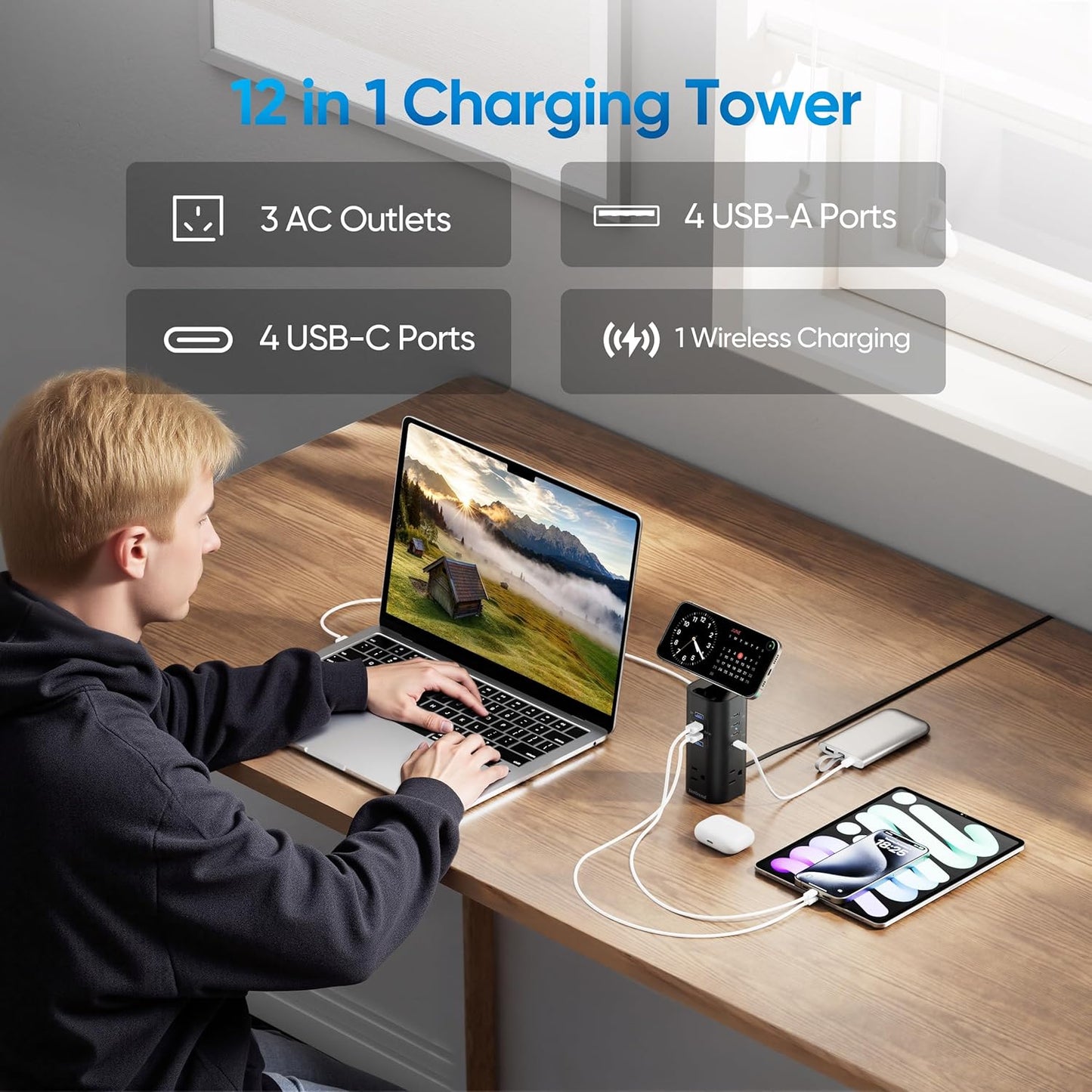 Flat Plug Surge Protector Tower, TenTrend Power Strip Tower with Surge Protection, 3 AC Outlets & 8 USB Ports, 5FT Extension Cord, 115W Total Fast Charging Station for Multiple Devices