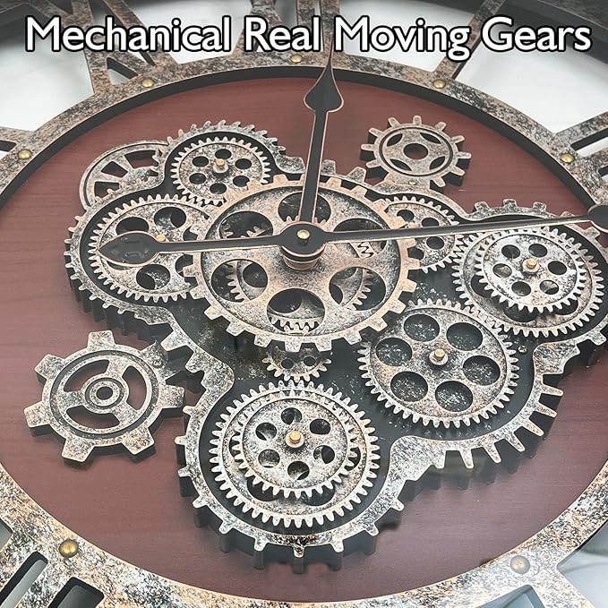 Large Wall Clock for Living Room Decor, 27 Inches Oversized Vintage Wood Decorative Steampunk Farmhouse Wall Clock for Rustic, Retro, Industrial,Kitchen,Office,Working Gears