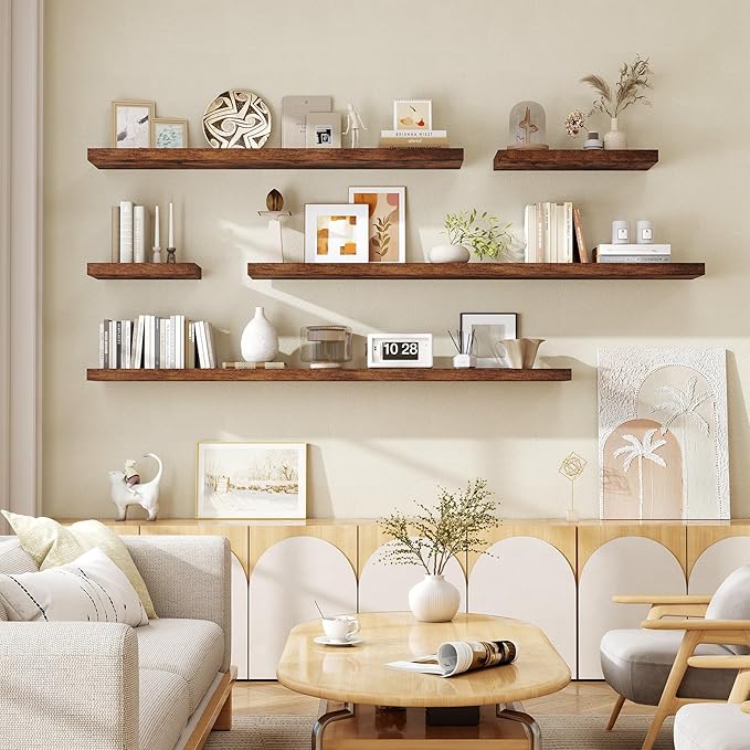 Fun Memories 66 Inch Fireplace Mantel Shelf with Invisible Bracket, 8 Inch Deep Floating Shelf for Living Room, Kitchen, Farmhouse, Brown