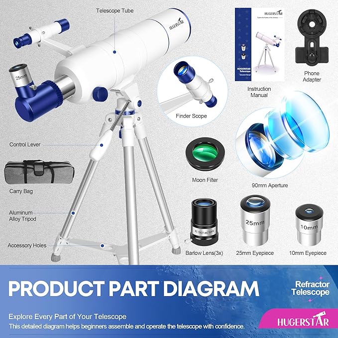 Telescope for Adults High Powered, 90mm Aperture 550mm Portable Refractor Telescope for Kids & Astronomy Beginners, Professional Telescopes with Tripod, Phone Adapter, Moon Filter, Carry Bag