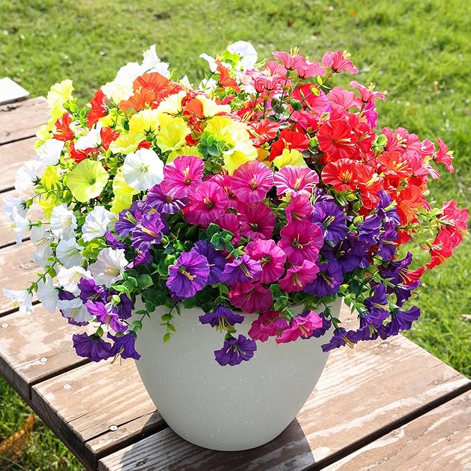 Artificial Flowers for Outdoors Fake Plants Outside Decoration, 12 Bundles Silk Colorful Morning Glory with Eucalyptus UV Resistant Realistic Faux Flowers for Planter Porch Patio Yard Garden