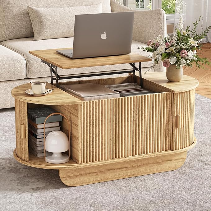 Fluted TV Stand and Coffee Table Set of 2,86.61'' TV Console for 55-85 Inch,Modern Entertainment Center with Large Storage Cabinet,Lift Top Coffee Table for Living Room, Bedroom, Natural