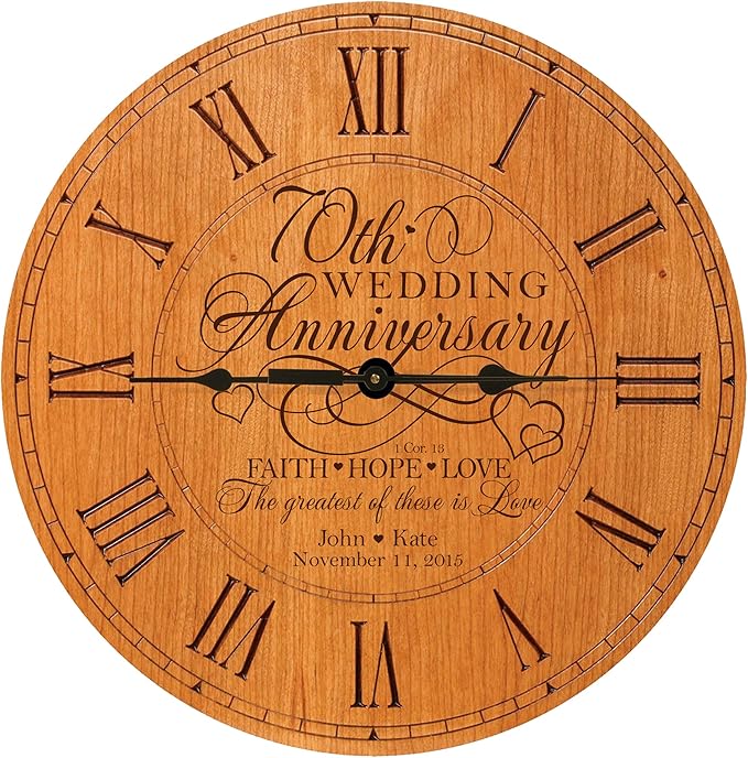 LifeSong Milestones Personalized 70th Anniversary Engraved Cherry Wall or Desktop Clock for Living Room Bedroom, Kitchen, Office, New Home, Couples Gift 12 Inch Diameter (Faith Hope Love)
