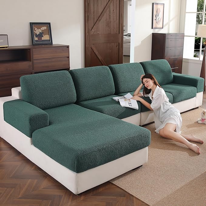 Couch Cushion Covers for Sectional Sofa, Stretch Soft Sofa Slipcovers Washable Wear-Resistant Universal Furniture Protector for Living Room(1 Piece Oversized Cover, Green)