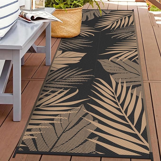 GENIMO Outdoor Rug 2.5' x 8' Waterproof for Patios Clearance, Reversible Outdoor Plastic Straw Camping Rug Carpet, Large Area Rugs Mats for RV, Camper, Deck, Balcony, Porch, Beach, Picnic, Black&Brown