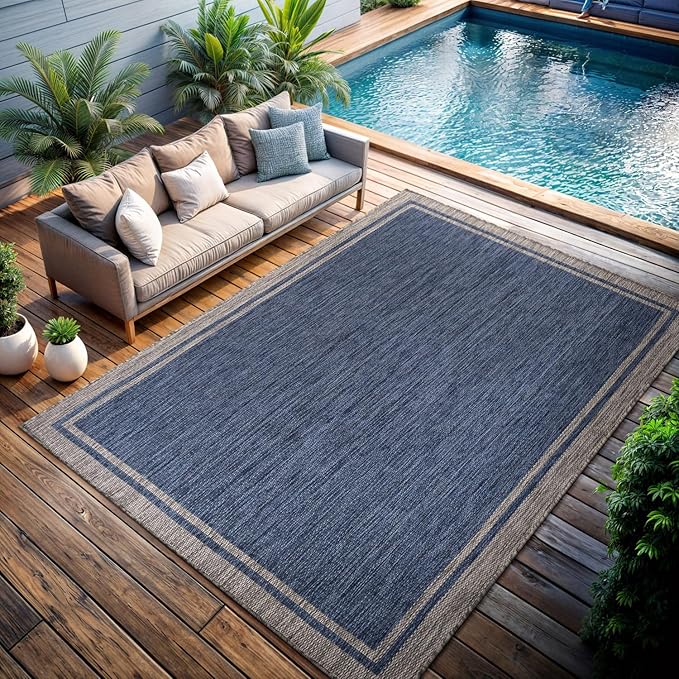CAMILSON Outdoor Rug, 6x9 Bordered Navy Blue Gray Modern Area Rugs for Indoor and Outdoor Patios, Porches Waterproof Washable Porch Deck Outside Carpet (Bordered Navy, 6 x 9)