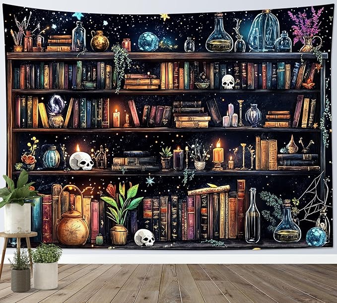 HVEST Magic Bookshelf Tapestry Vintage Bookshelf Witchy Books Plant Skull Gothic Halloween Tapestry Wall Hanging Starry Sky Wall Decor for Bedroom Living Room Dorm, 40L x 60W Inches