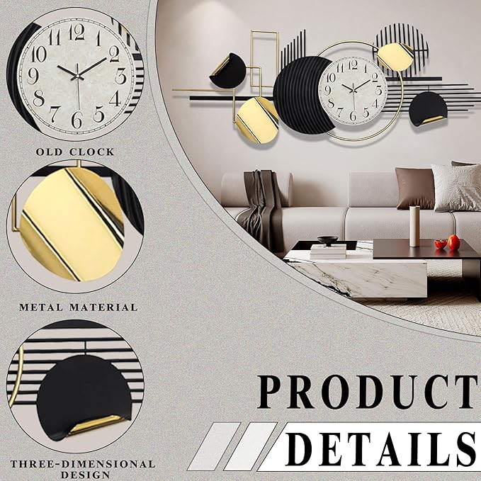 Large Modern Wall Clock,Metal Black White Wall Clock Silent Non-Ticking, Battery Operated,57x 23 Inches Wall Art,Oversized Decorative Metal Clock for Living Room,Dinner Room,Bedroom