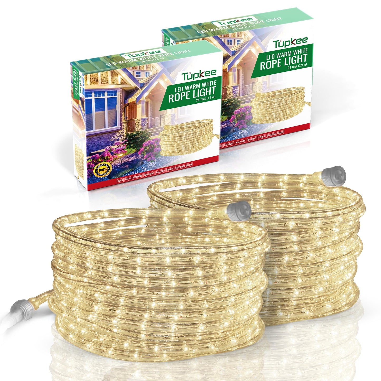 Tupkee LED Rope Light - Warm-White, 24 Feet, 10MM Diameter, PVC Tube, Pack of 2, Model RL-24-LWW2