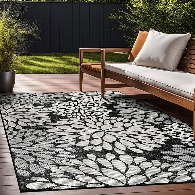 Beverly Rug Outdoor Rug 5x7 Modern Exotic Tropical Leaf Area Rugs for Indoor and Outdoor Patio Deck Porch Garden Water Resistant Washable Outside Carpet (5 x 7 Dark Gray)