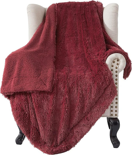 Bedsure GentleSoft Fuzzy Sherpa Faux Fur Twin Blanket Burgundy Red Cozy Gifts for Women Men, Soft Fleece Plush Warm Minky Thick Blanket Twin Size for Bed, Dorm Essentials Red Room Decor Gifts, 60x80