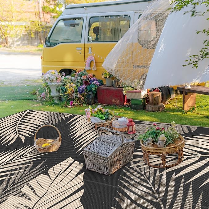 GENIMO Outdoor Rug 10' x 14' Waterproof for Patios Clearance, Reversible Outdoor Plastic Straw Camping Rug Carpet, Large Area Rugs Mats for RV, Camper, Deck, Balcony, Porch, Beach, Picnic, Black&Beige