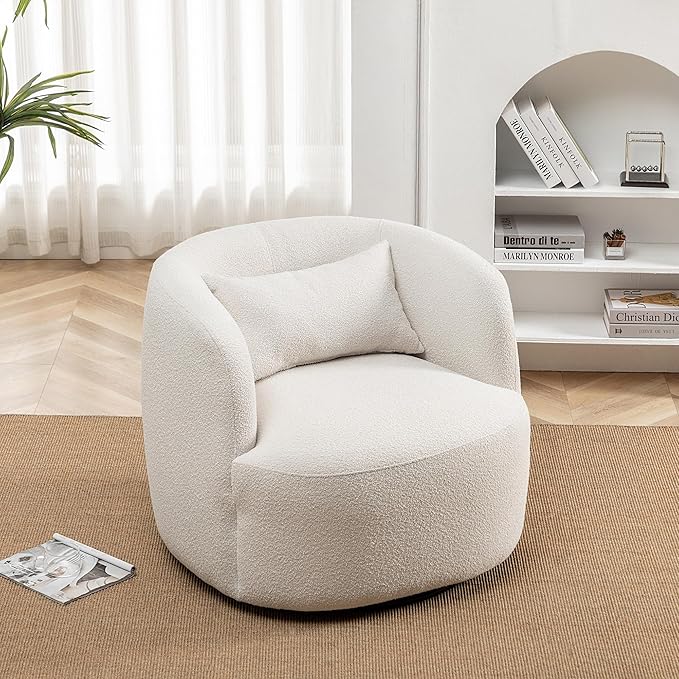 KINWELL 34" Wide Boucle Swivel Barrel Chair, No Assembly Round Upholstered Armchair Accent Chair Single Sofa Chair with Toss Pillow for Living Room and Bedroom, Beige