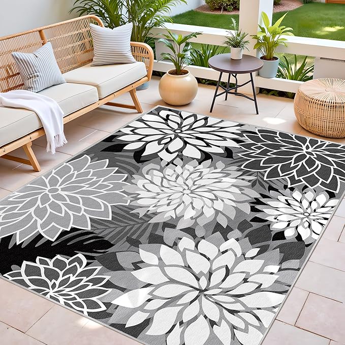 Indoor Outdoor Area Rug Washable Multicolored Rug Tropical Botanical Modern Floral Indoor Outdoor Carpet Black White Rug Non Slip Non Shedding for Patio, Deck, Backyard, Porch (9x12)