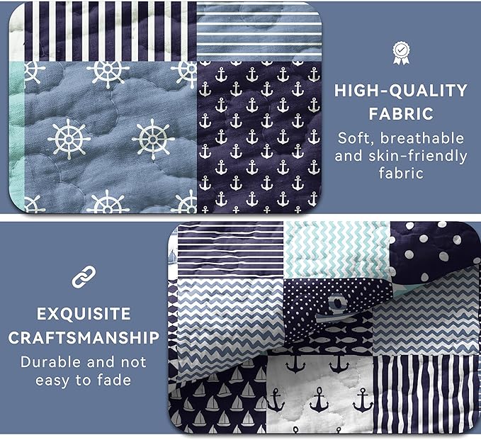 Nautical Bedding King Size Coastal Quilt with 2 Shams, Coastal Beach Comforter Sets Ocean Bedspreads Blue Seaturtle Coverlet Summer Bedding, 96''x106''