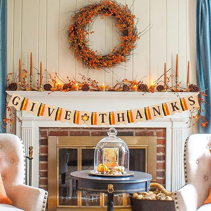 Thanksgiving Maple Leaf Burlap Pennant Banner Flag Felt Give Thanks Sign and Maple Leaf Pattern with Fall Color Ribbon for Thanksgiving Day Fall Autumn Harvest Birthday Party Decorations Supplies
