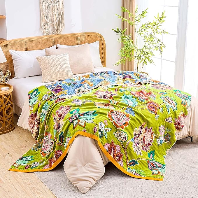 Fall Throw Blanket, 100% Cotton Soft Rustic Boho Throw Blanket for Bed, 60"x80" Farmhouse Decor Bed Flower Blankets, Light Weight Reversible Bohemian Throw Quilt
