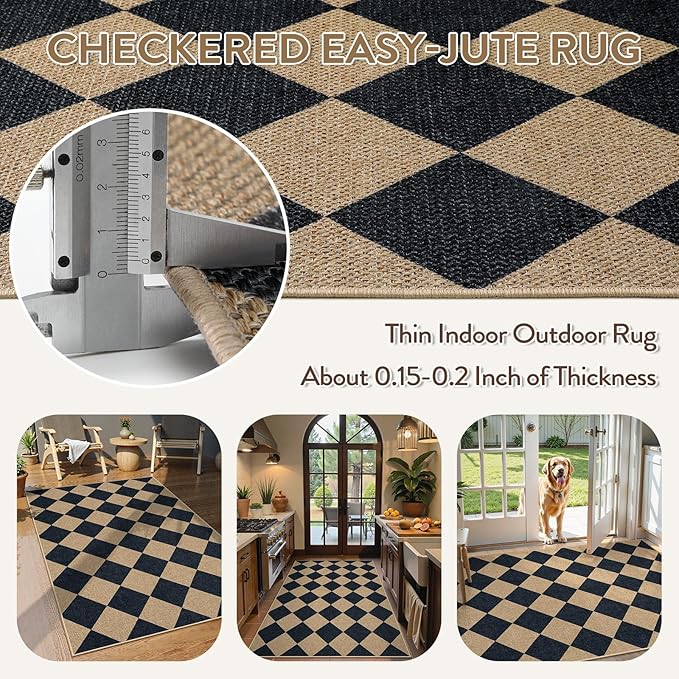 Lahome Checkered Easy Jute 3x5 Outdoor Patio Rug, Washable Rugs for Entryway Diamond Indoor Outdoor Living Room Carpet, Farmhouse Neutral Non Slip Black Door Carpet for Backyard Bedroom