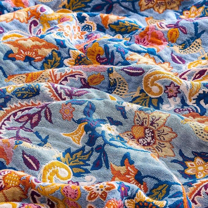 Boho Throw Blanket for Bed, 100% Cotton Soft Rustic Quilt Fall Blanket, 90"x98" Floral Printed Farmhouse Decor Bed Blankets, All Season Rustic Reversible Bohemian Throw Quilt