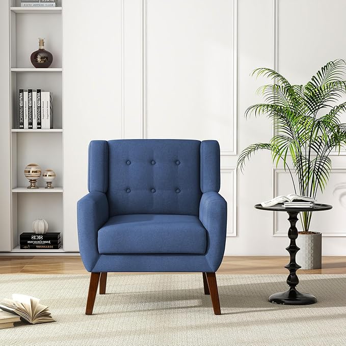 UIXE Accent Chair, Modern Upholstered Armchair in Fabric for Living Room, Comfy Club Arm Chairs Single Sofa Button Tufted Bedroom Reading Seat - Blue, Set of 4