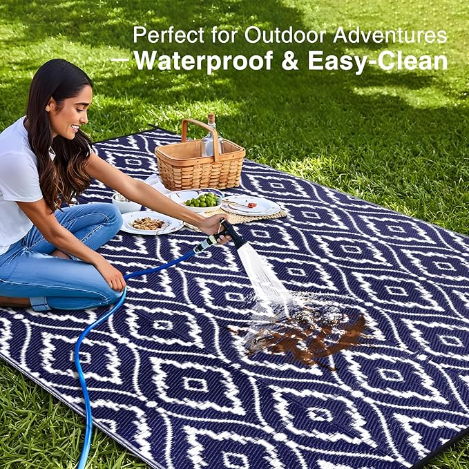 OLANLY Outdoor Rug 6x9 ft Waterproof, Outdoor Plastic Straw Rug with Geometric Pattern Clearance, Reversible RV Mat for Patio, Camping, Balcony, Deck, Backyard, Navy & White