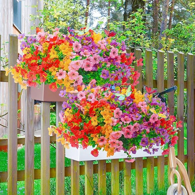 ‌20 Bundles Artificial Flowers for Outdoors‌ with 6 Faux Butterflies, UV Resistant ‌Fake Flowers‌ with Eucalyptus Leaves, ‌Artificial Plants Outdoor‌ for Patio Garden Porch Home Decor (Mix 4 Colors)