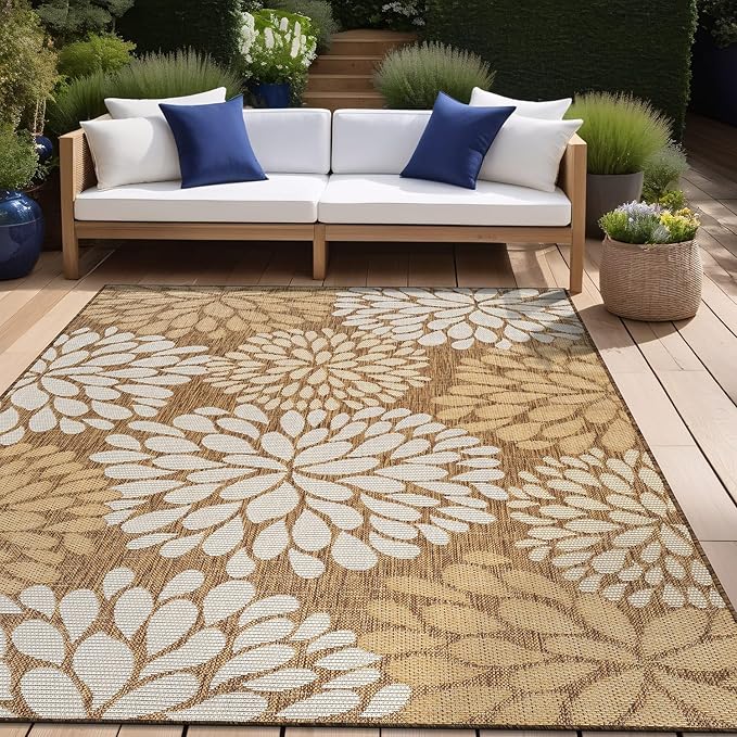 Beverly Rug Outdoor Rug 8x10 Modern Exotic Tropical Leaf Area Rugs for Indoor and Outdoor Patio Deck Porch Garden Water Resistant Washable Outside Carpet (8 x 10 Wooden)