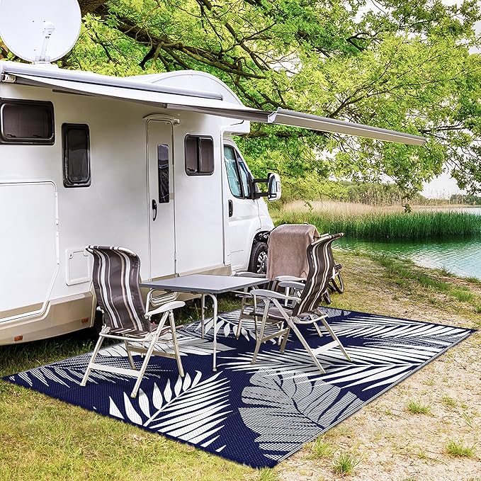 GENIMO Outdoor Rug 6' x 9' Waterproof for Patios Clearance, Reversible Outdoor Plastic Straw Camping Rug Carpet, Large Area Rugs Mats for RV, Camper, Deck, Balcony, Porch, Beach, Navy Blue&White