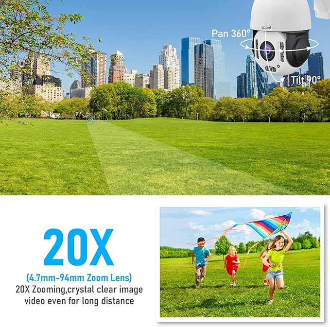 JideTech P2-Plus 20X 5MP PTZ WiFi Outdoor Security Camera | 360° Pan-Tilt-Zoom with 400ft Night Vision, Human Auto Tracking, 2-Way Audio, IP66 Waterproof | Compatible with Blue Iris, NVR, PC Browsers