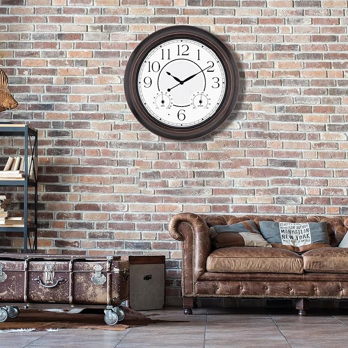 Outdoor Clocks Waterproof 18 Inch, Large Wall Clock with Thermometer & Hygrometer, Illuminated Battery Operated Clock with Smart Sensor for Patio, Pool, Garden, Porch, Living Room