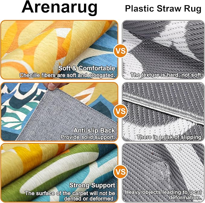 Indoor Outdoor Area Rug Washable Multicolored Patio Rug Tropical Botanical Modern Floral Indoor Outdoor Carpet Non Slip Yellow Green Rug Non Shedding for Patio, Deck, Backyard, Porch (5x8)